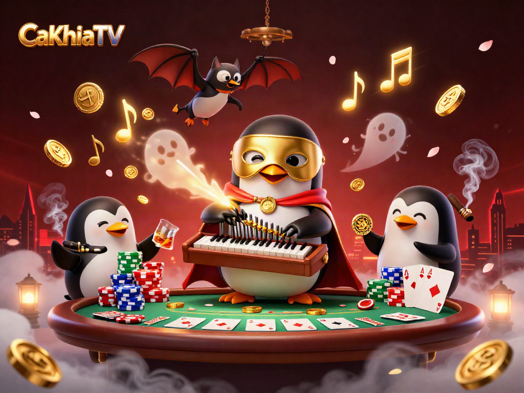 CaKhiaTV showcases a vibrant casino scene with a penguin playing an organ of gold coins amidst energetic gambling elements.