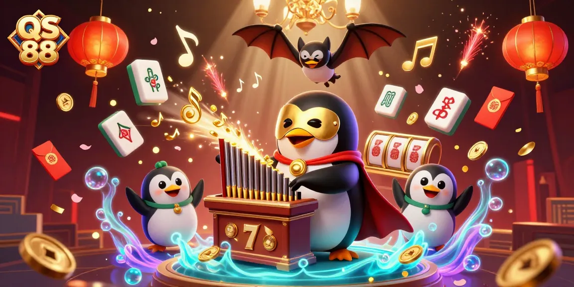 Experience thrilling gameplay with QS 88 as the phantom penguin conducts a vibrant casino scene.