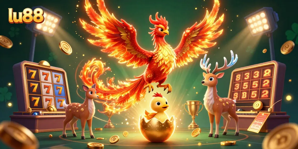 Experience thrilling gameplay with lu88 in a vibrant 3D casino illustration featuring slots, lucky symbols, and dynamic characters.