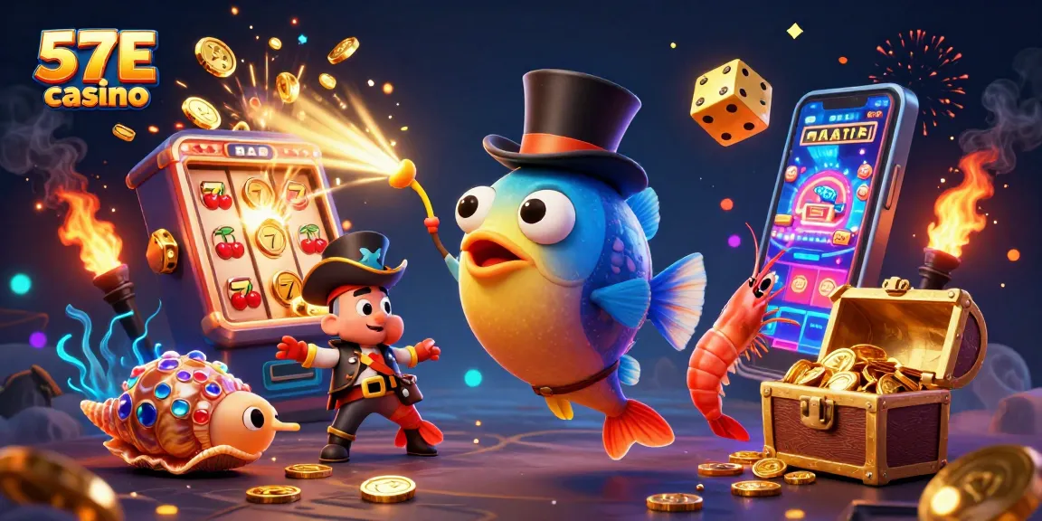 Win big with 57E casino's vibrant illustration featuring treasure-hunting deep-sea characters.