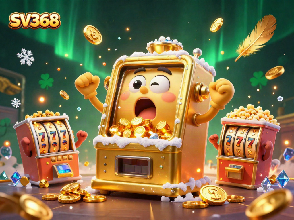 SV368 reveals a jackpot moment with golden slot machines celebrating amidst coins and game elements.