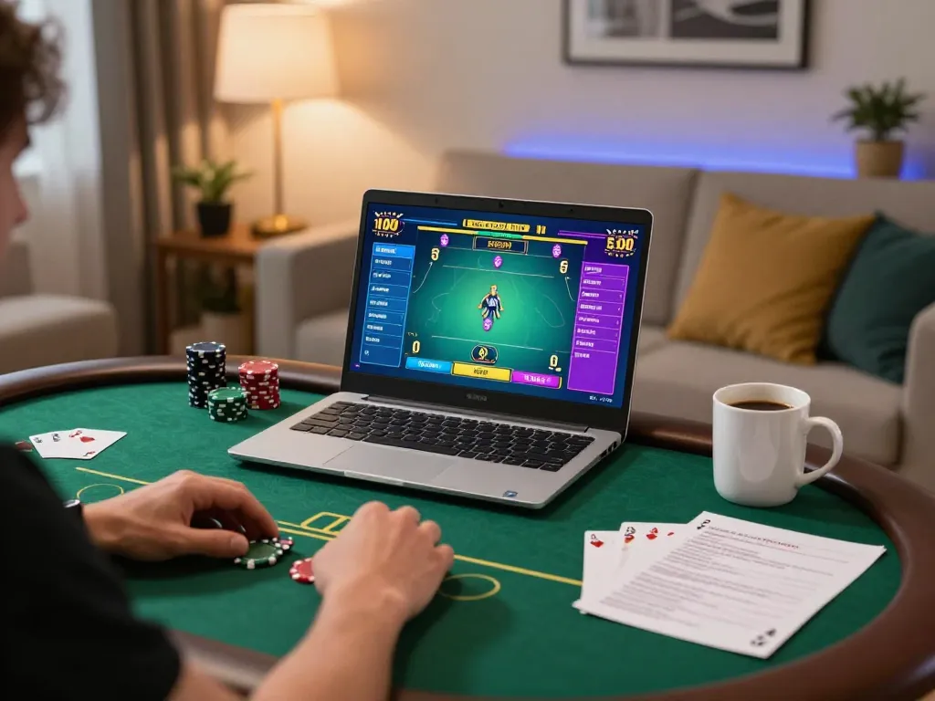 Engaging in strategic poker gameplay at home with jus77 on the screen, showcasing a cozy gaming setup