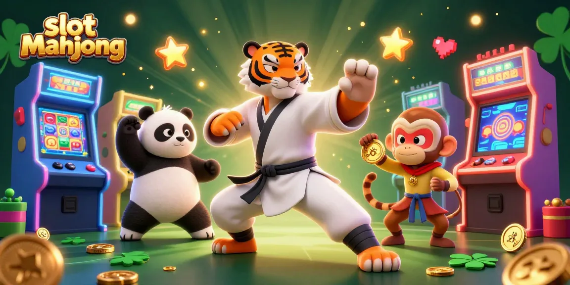 Experience the thrill of slot mahjong with lively characters in a vibrant casino scene filled with colorful game elements.