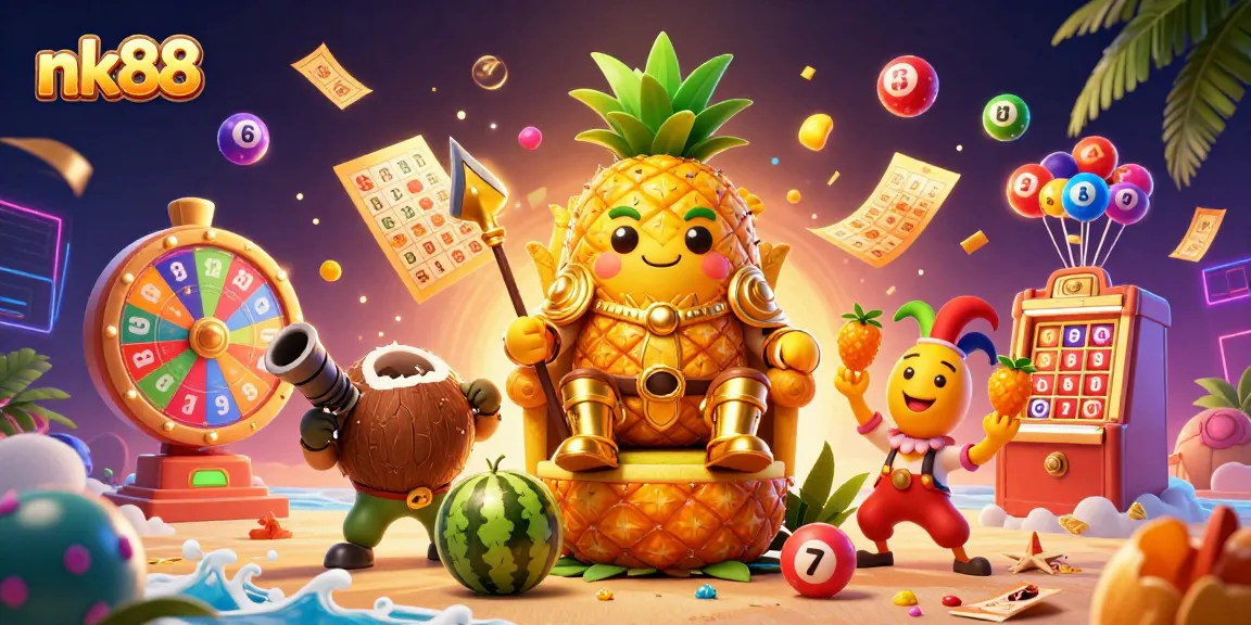 Experience thrilling nk88 gaming with the vibrant 3D cartoon illustration highlighting a dynamic beach casino scene.