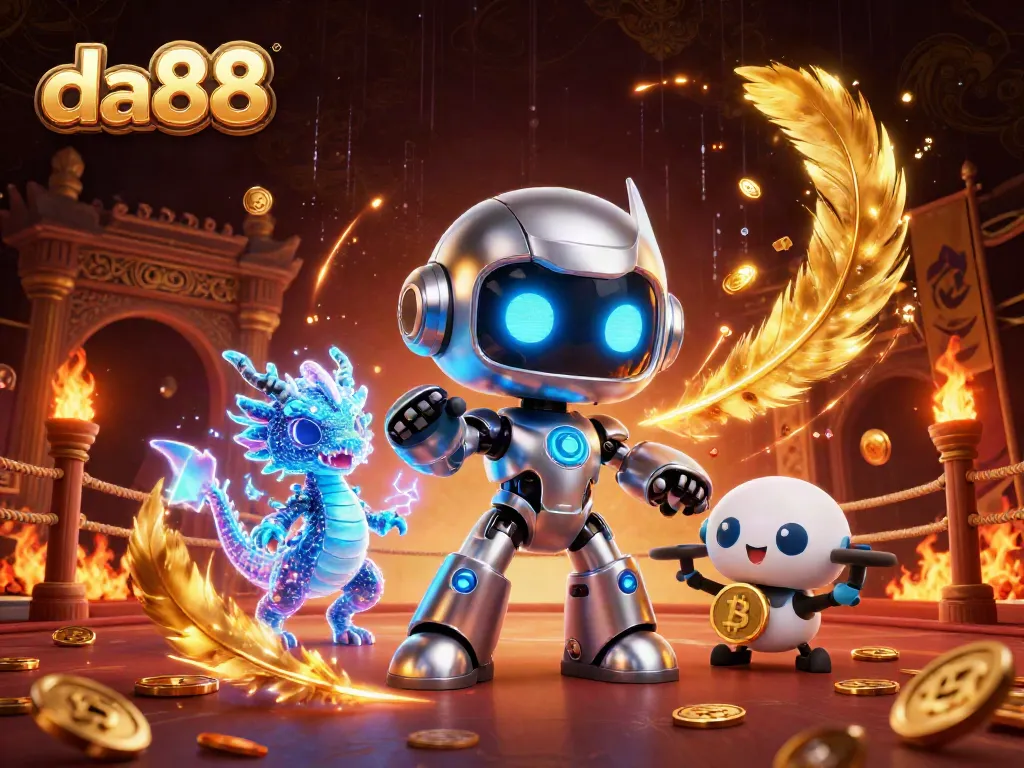 Experience winning thrills at da88, where a cyberpunk robot and AI dragon celebrate casino excitement.