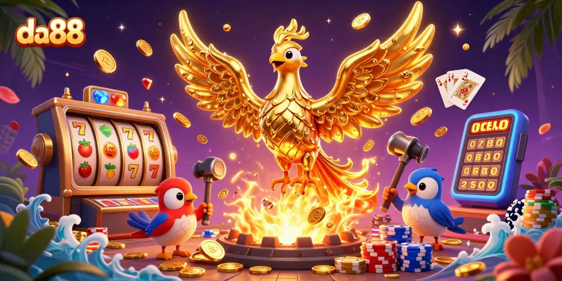 Experience winning with da88’s captivating phoenix emerging amid wealth and casino excitement.