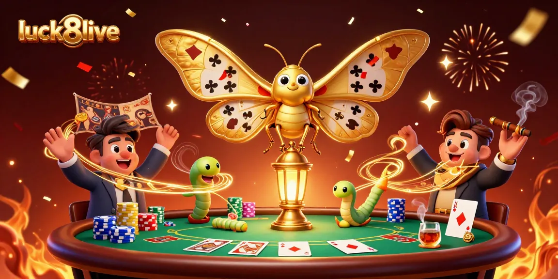 Engage with luck8live at a vibrant casino scene featuring an animated atlas moth and poker elements.