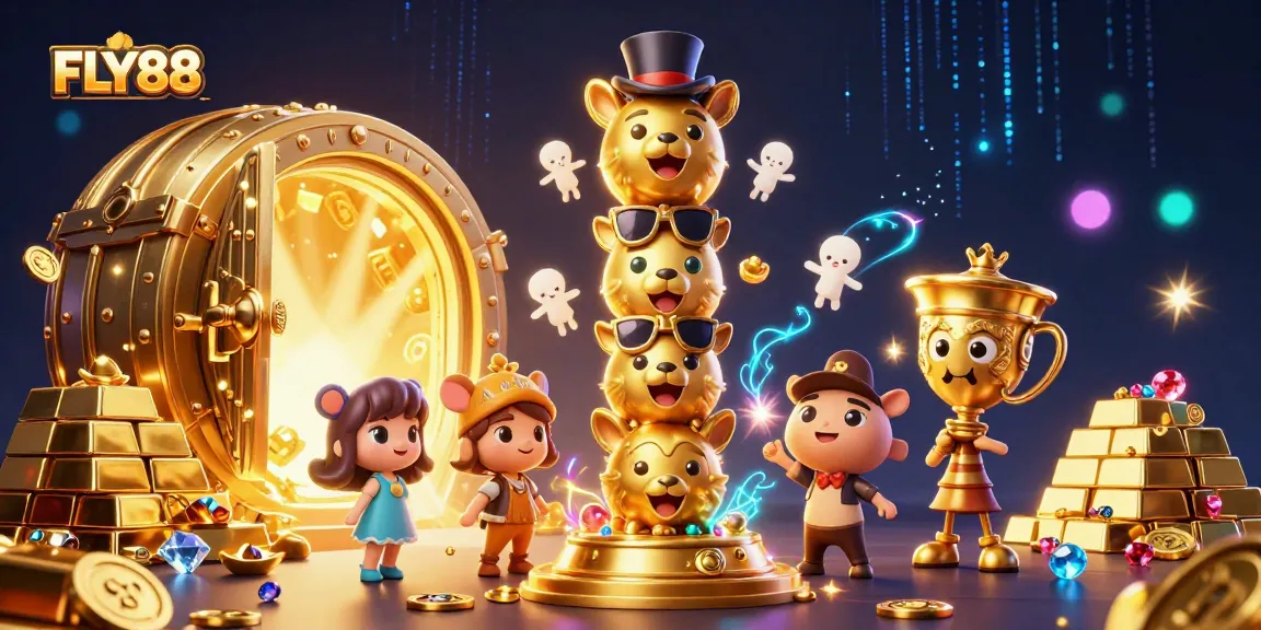 Engage with FLY88's vibrant casino experience featuring golden treasures and animated characters.