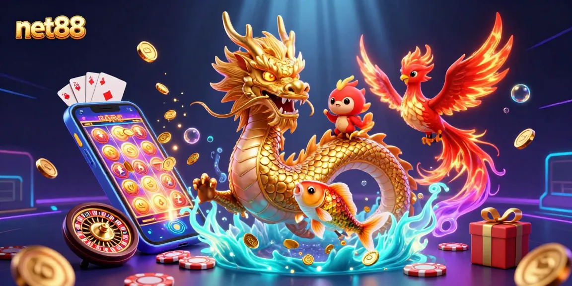 Experience thrilling games at net88 with a stunning 3D casino scene featuring a dragon, phoenix, and koi fish.