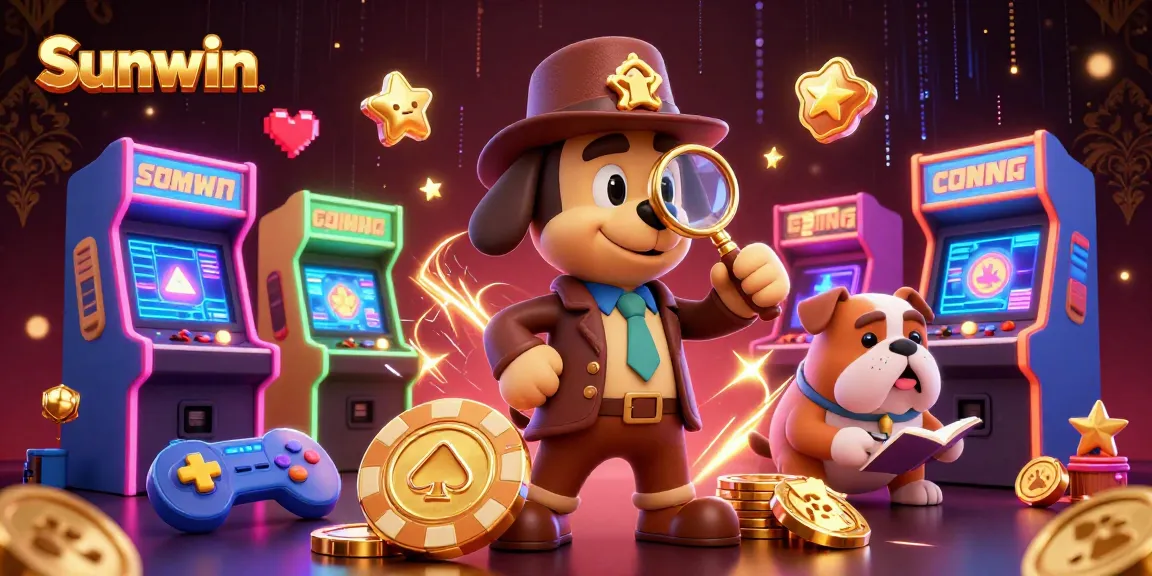 Sunwin unleashes excitement with a detective and bulldog companions tracking treasure in a vibrant casino scene.