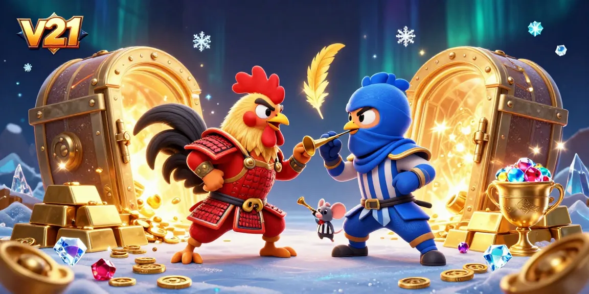 v21 menampilkan duel ayam kartun 3D di arena bertarung dengan harta karun mengelilinginya.