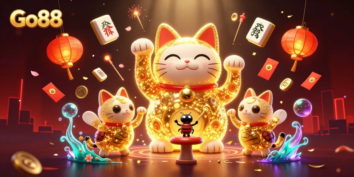 Experience the thrill with Go88’s vibrant casino world, featuring golden fireflies and a lucky cat amidst dynamic gaming elements.