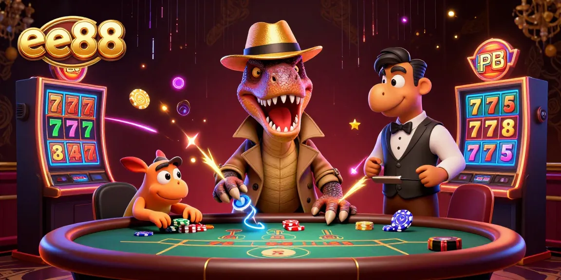 Win big at ee88's vibrant casino scene with dino characters playing blackjack.