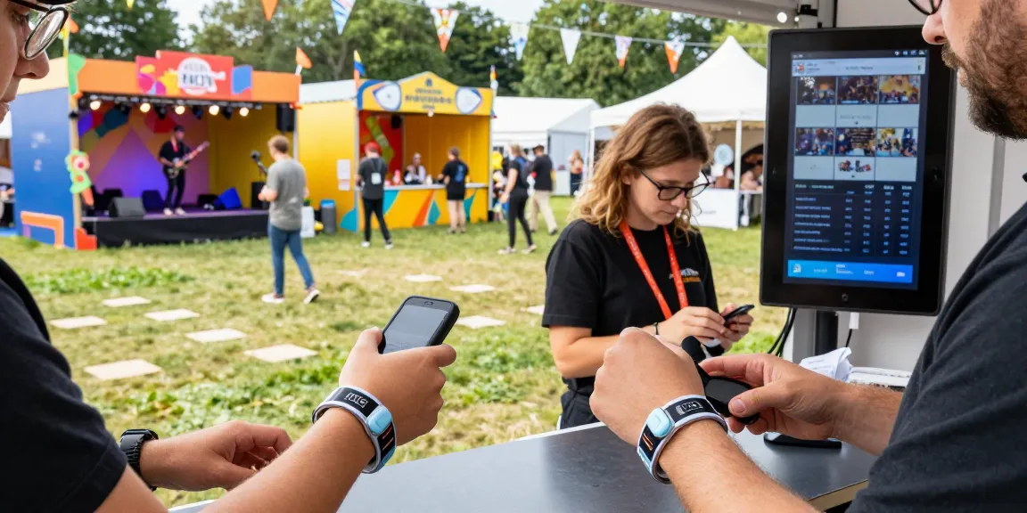 Enhancing control de acceso con pulseras at a lively festival with staff scanning wristbands.