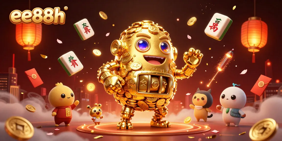 Experience the thrilling excitement of gambling with ee88h's unique golden golem amidst vibrant casino elements.