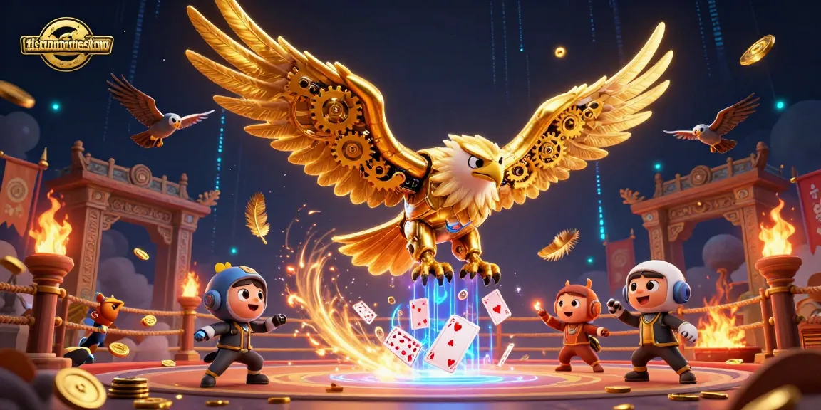 Experience thrilling moments with tieandhoodieshow's golden eagle amidst cards and vibrant casino elements.