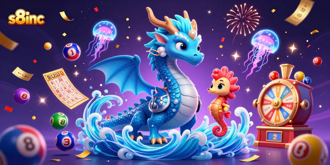 S8inc brings a vibrant 3D illustration featuring a water dragon and seahorse knight amidst lottery elements and confetti.