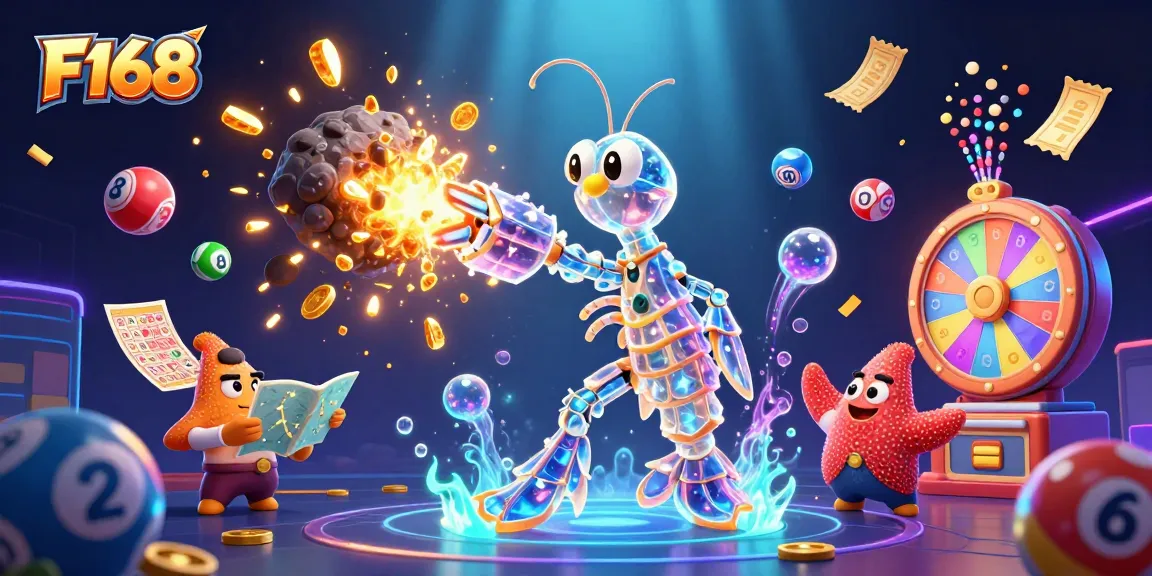 Experience thrilling gaming with F168's vibrant lottery and casino elements in this dynamic illustration.