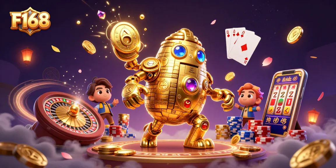 Engage with the vibrant world of F168 featuring a golden golem, coins, and gaming elements.