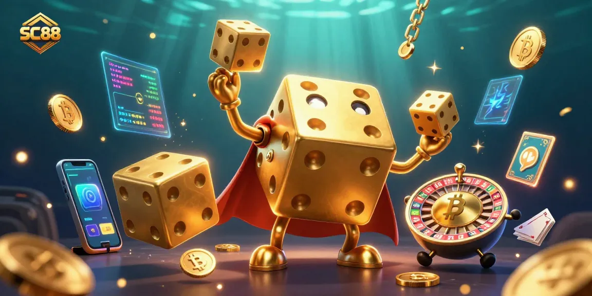 Engage with SC88's thrilling casino experience featuring a dynamic golden dice golem and stunning crypto visuals.