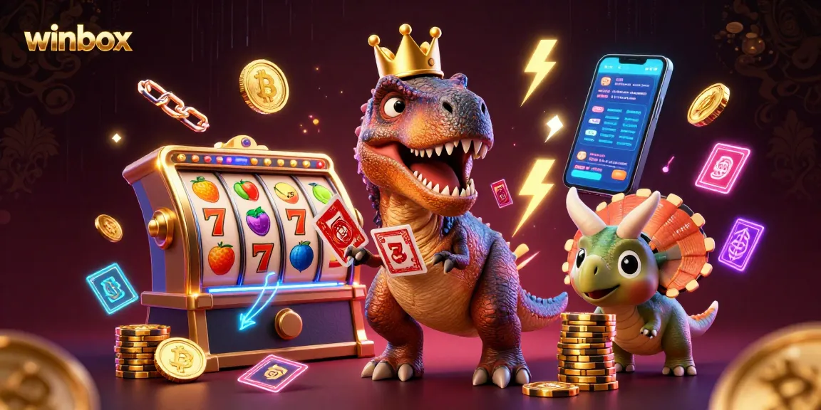 winbox players enjoying slots with a T-Rex dealer surrounded by vibrant casino elements
