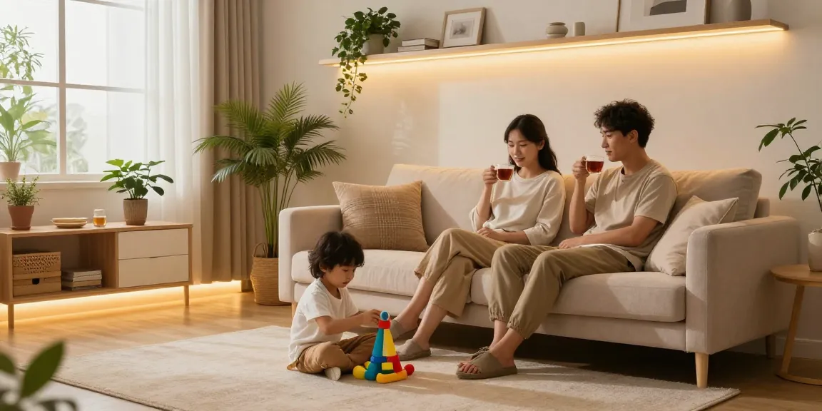 Iluminat cald cu banda led în living, familie relaxându-se.
