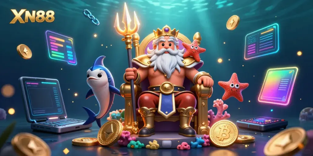 Experience thrilling gameplay with XN88 as sea king Neptune oversees a vibrant casino scene.