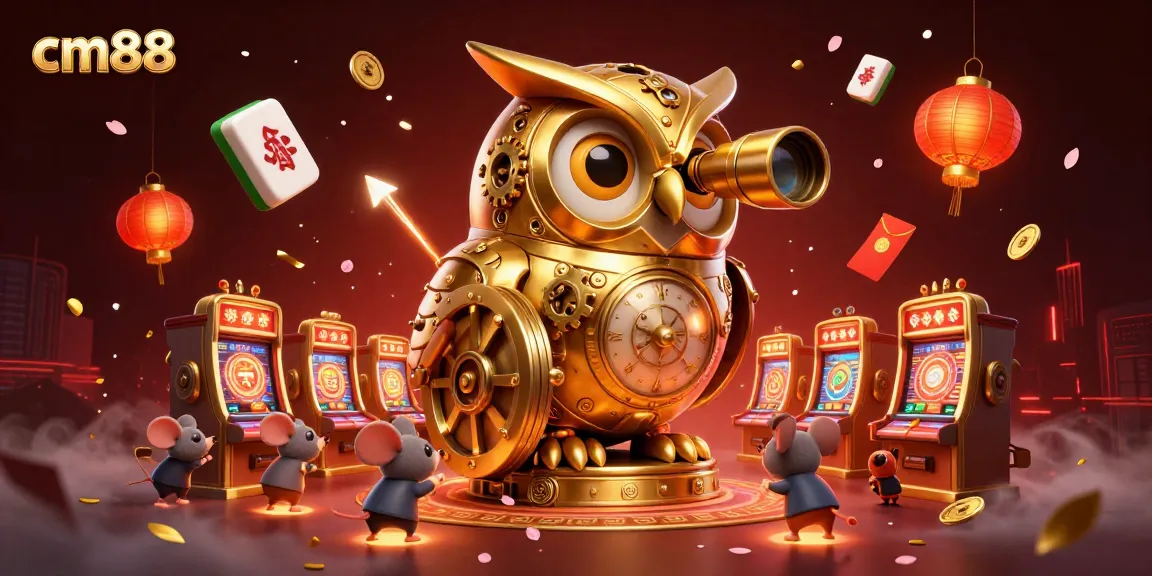 Experience the thrill of cm88's casino action with a whimsical golden owl and mouse patrons.