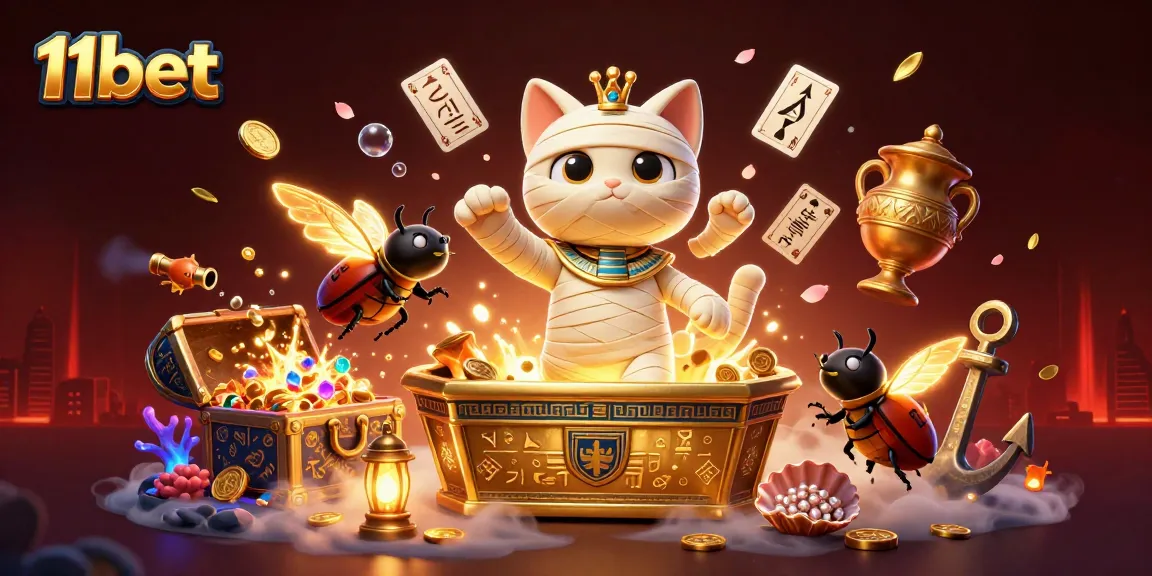 Uncover the gaming adventures of 11bet with an Egyptian mummy cat and treasure elements.