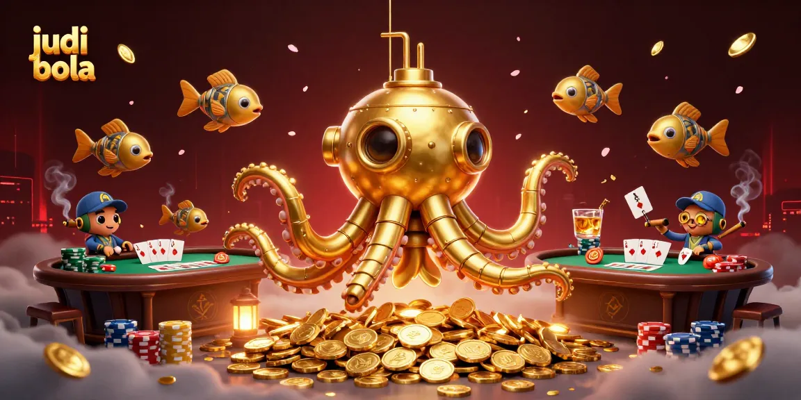 Bet on judi bola with captivating golden kraken submarine amidst poker elements and coins.