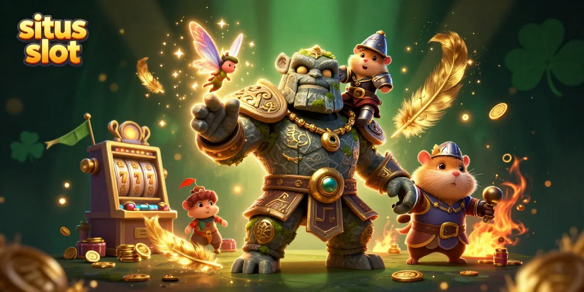 Menangkan jackpot besar di situs slot dengan slot mesin dan koin emas yang bertebaran.