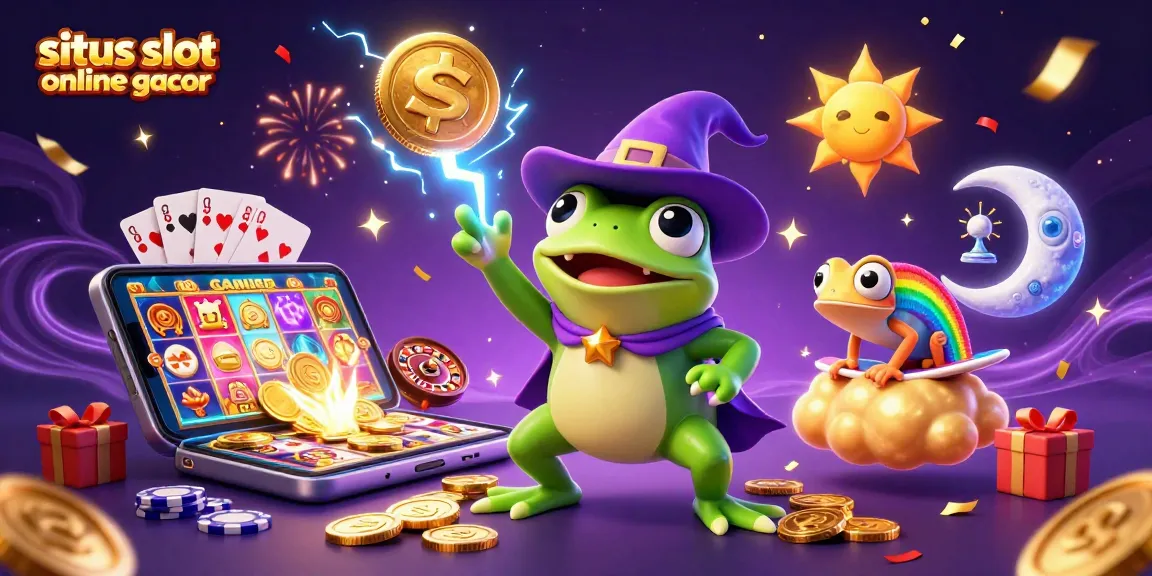 Gambar situs slot online gacor dengan karakter katak penyihir dan chameleon pelangi menciptakan hujan koin emas.