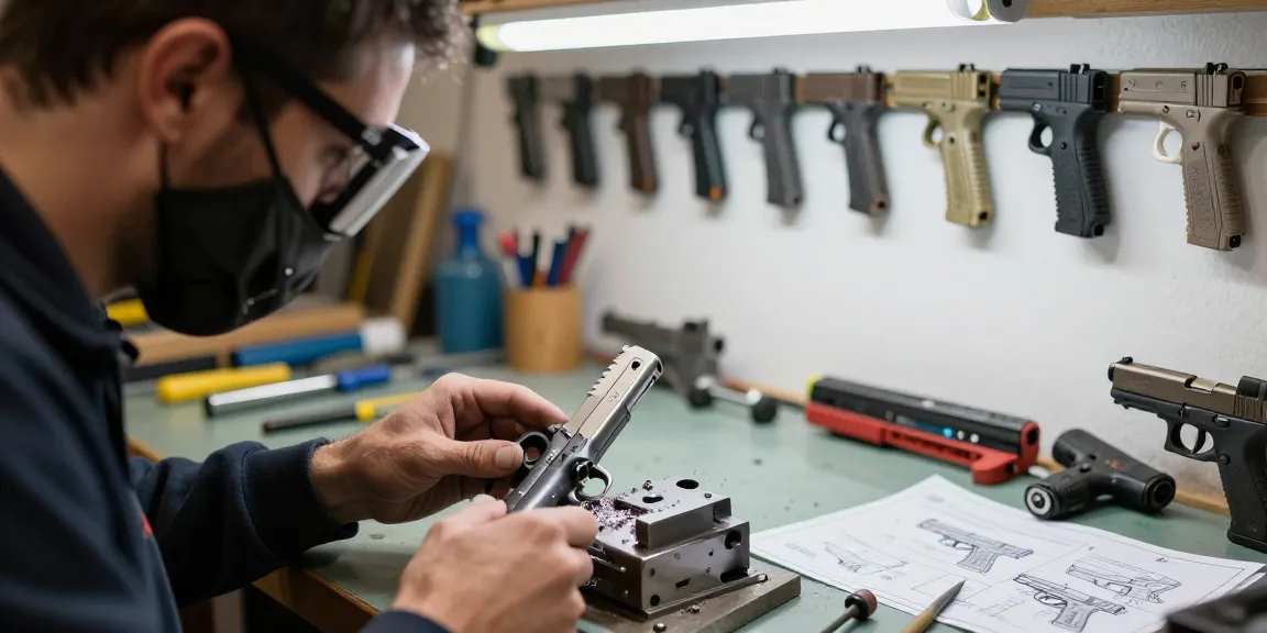 Custom Glock slide milling process at https://precisionglockslides.com with skilled gunsmith showcasing expertise.