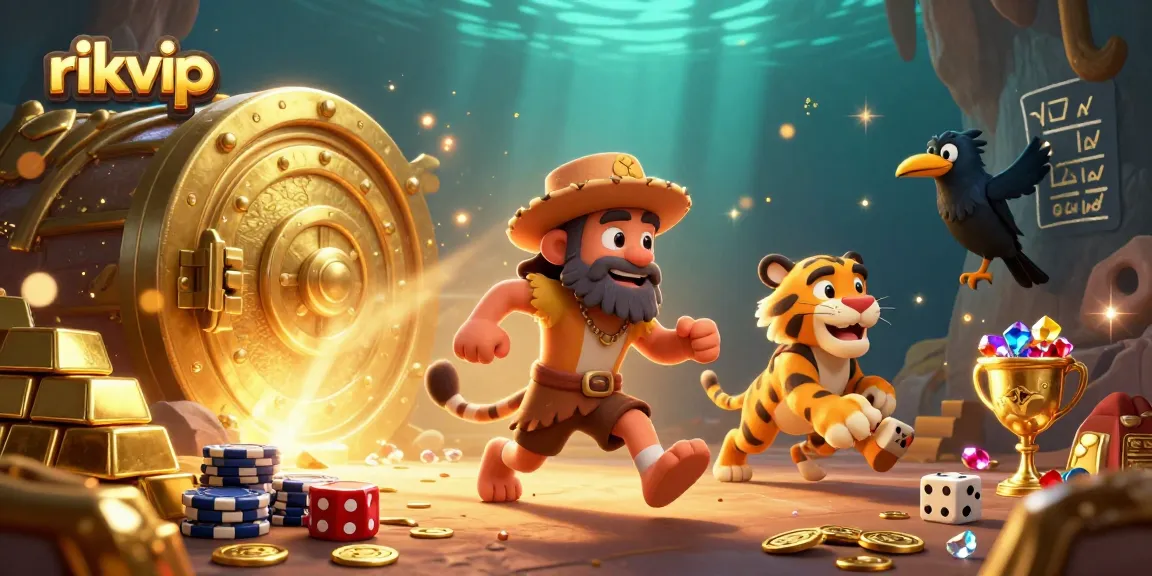 Experience the thrill of rikvip with playful characters in a vibrant casino scene filled with treasures.