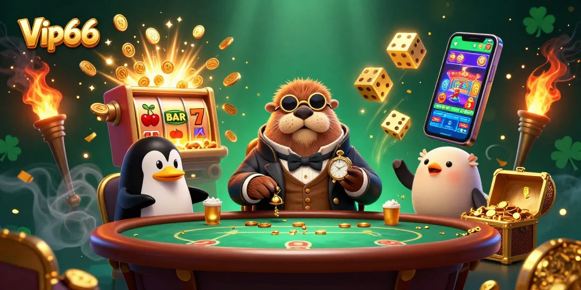 Experience the thrill of Vip66 with a jolly walrus at an underwater poker table surrounded by vibrant casino elements.