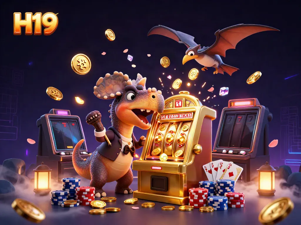 H19 engages players as a pachycephalosaurus hits a slot machine, coins cascading around in a vibrant casino scene.