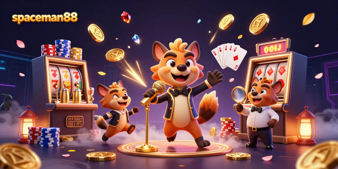 Experience the fun of spaceman88 in a vibrant casino scene with cartoon hyenas, gold coins, and spinning slot reels.