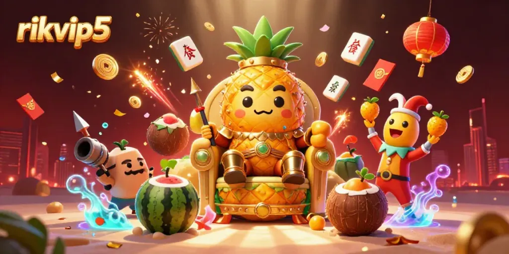 Engage with the vibrant island-themed gaming action at rikvip5 featuring a playful pineapple king and colorful elements.