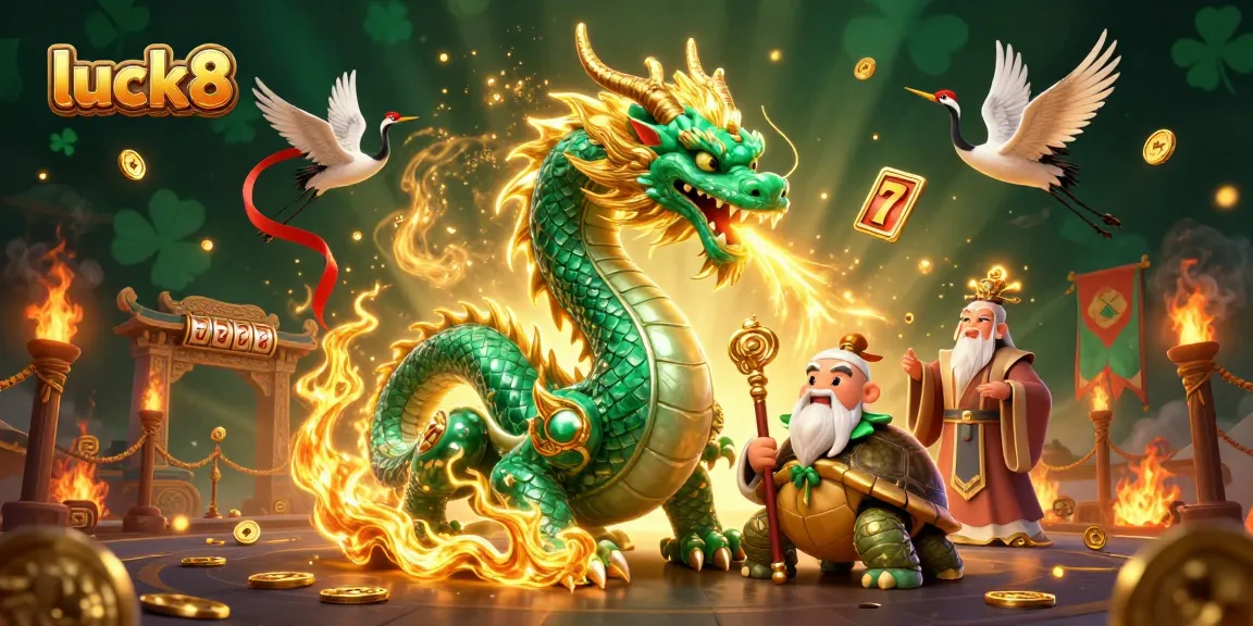 Engage in thrilling gaming action at luck8 with a dragon, turtle, and cranes in a dynamic casino scene.