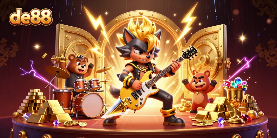 Experience the excitement with de88 as the rock star wolf shreds on stage amidst piles of jewels and golden treasures.