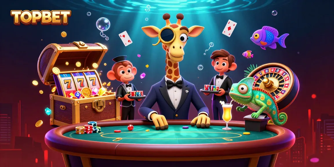 Win big with TOPBET at an exciting gambling scene featuring a high-roller giraffe, monkey valet, and a chameleon bartender.