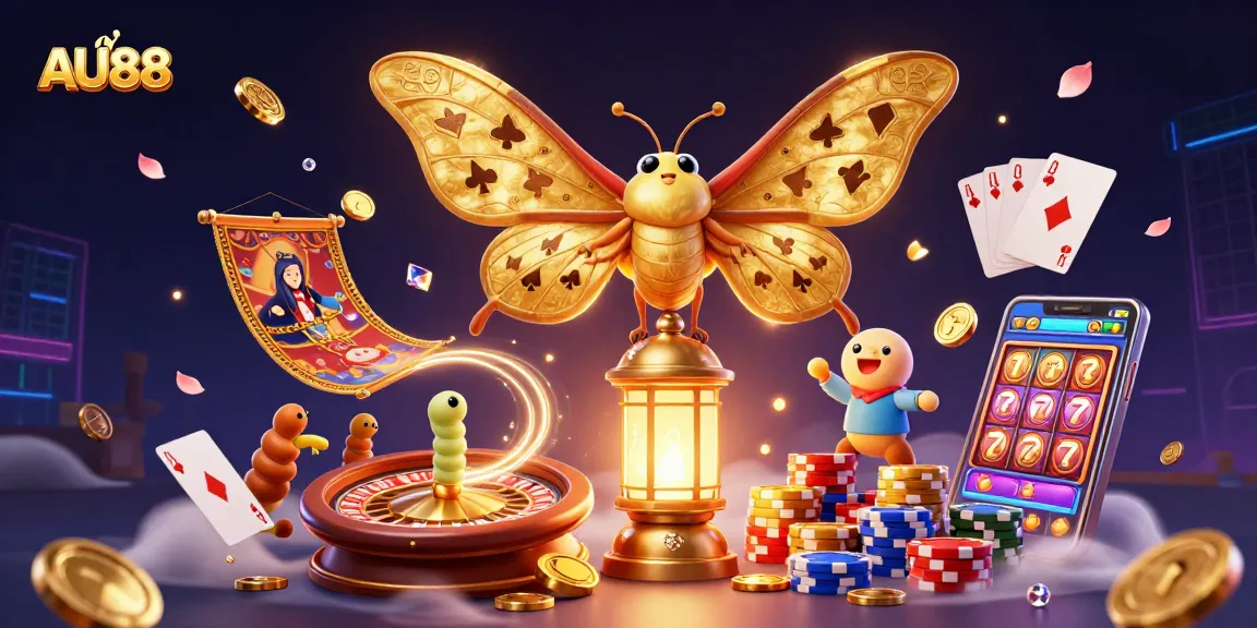 Engage in dynamic gambling at AU88 with a 3D illustration of an atlas moth and casino treasures.