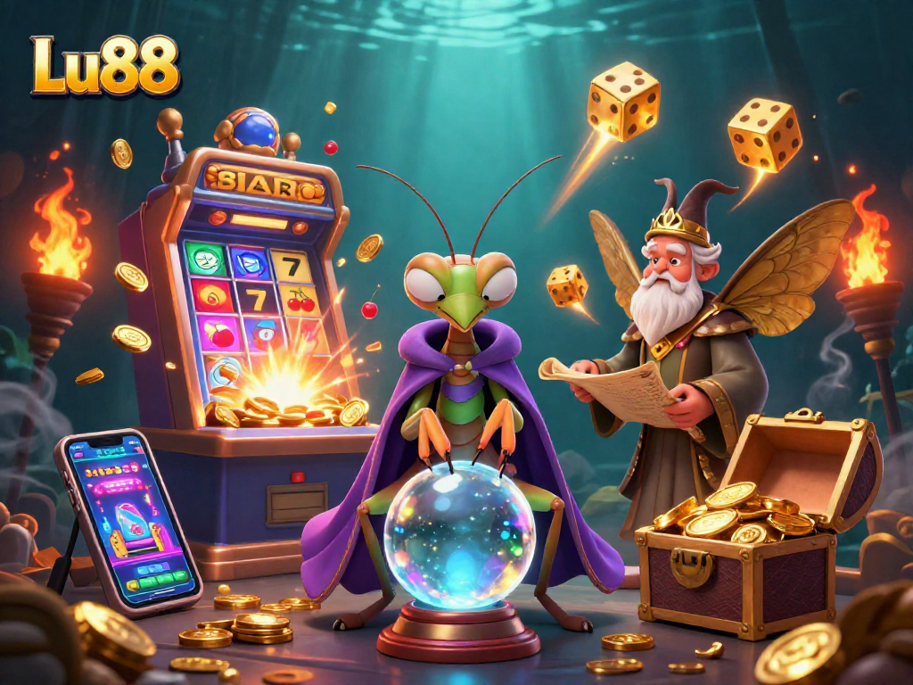 Experience gambling excitement with Lu88's vibrant casino scene featuring a praying mantis fortune teller.