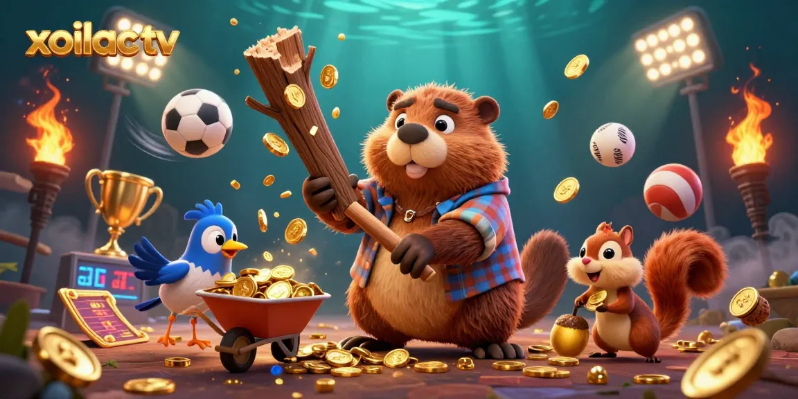 Xoilac tv showcases a beaver collecting golden coins with sports elements, emphasizing vibrant gambling action.