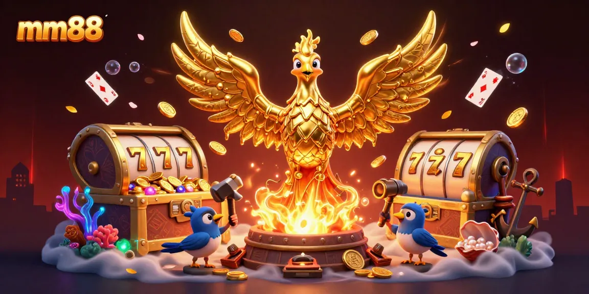 Engage with mm88's vibrant casino experience through a golden phoenix and dynamic gaming elements.