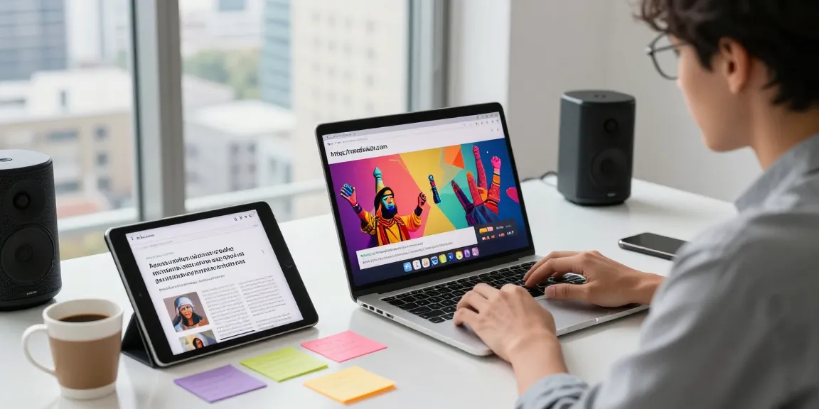 Online content creator researching Asian culture on https://hanadultalk.com in a bright modern workspace.
