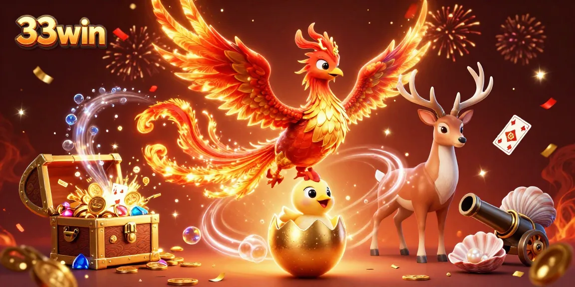 Experience thrilling action at 33win with a vibrant 3D casino scene filled with excitement and treasures.