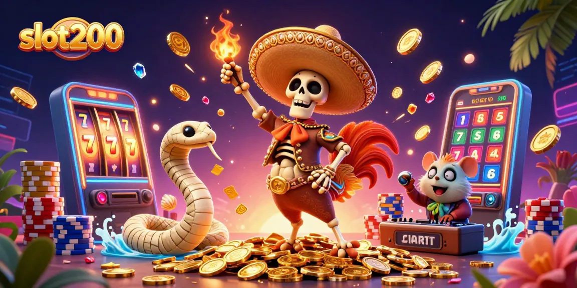 Slot200 menang besar dengan karakter kasino unik merayakan kemenangan dalam permainan seru.