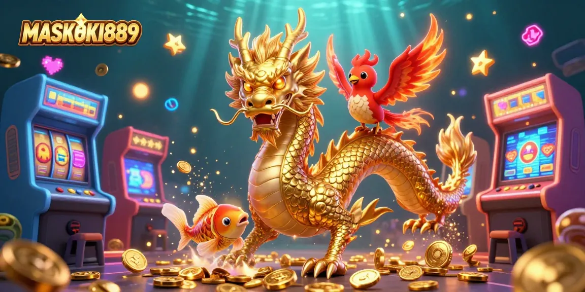 Experience the thrill of winning with MASKOKI889 in this colorful casino-inspired 3D illustration.