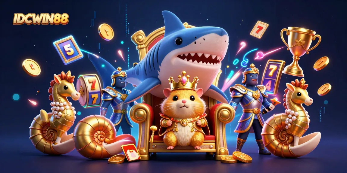 Experience high wins at IDCWIN88, featuring a golden hamster king with dynamic slot game elements.